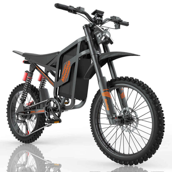 Black electric bike with orange accents on a white background Moveloop S800 Electric Bike: All-Terrain E-Bike