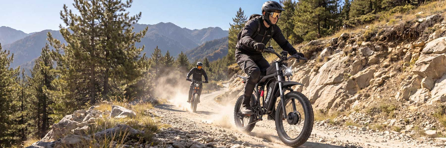 Two people riding ebikes on a dirt trail with mountains in the background Moveloop E-Bikes: Conquer Any Terrain with Power